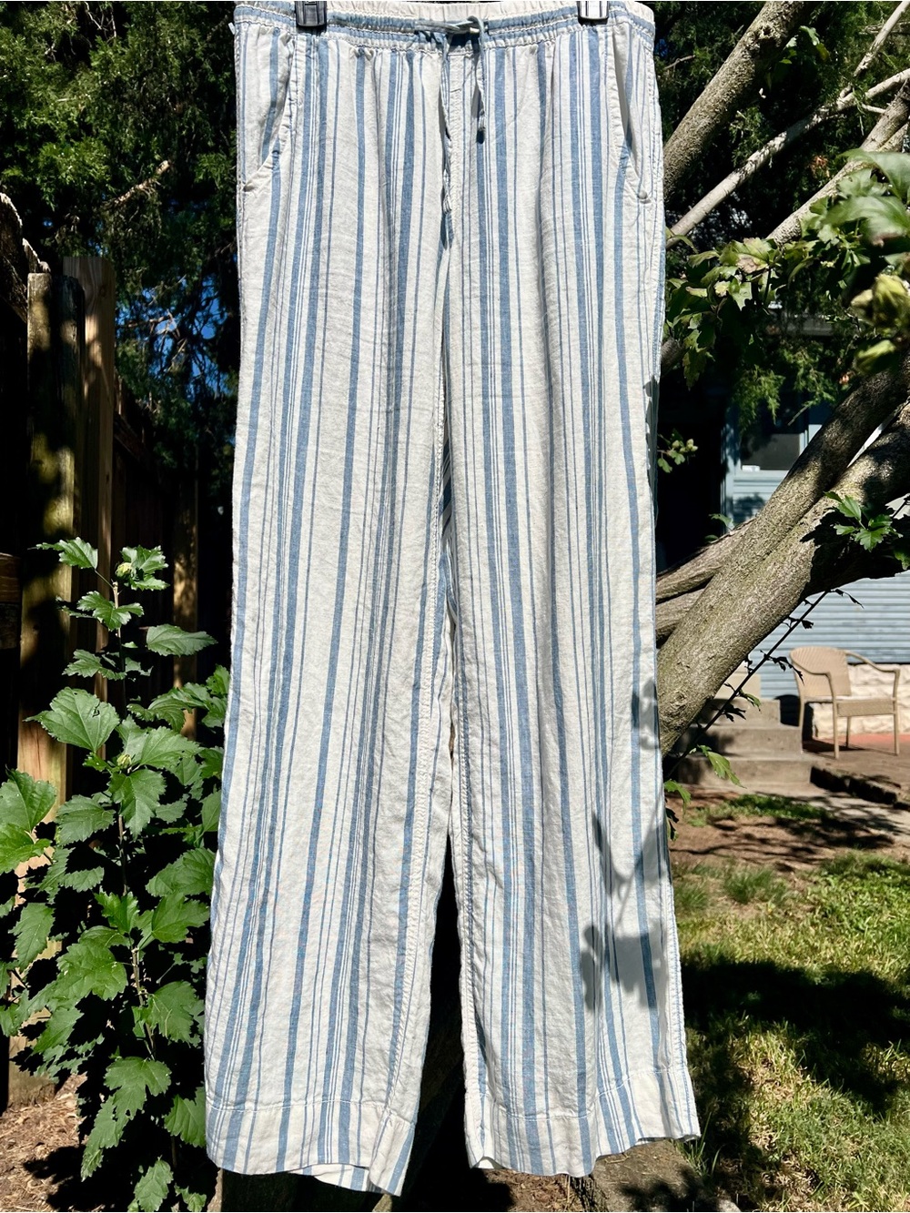 L.L. Bean 100% Linen Striped Straight Leg Pants Blue Cream Size 8 NWOT